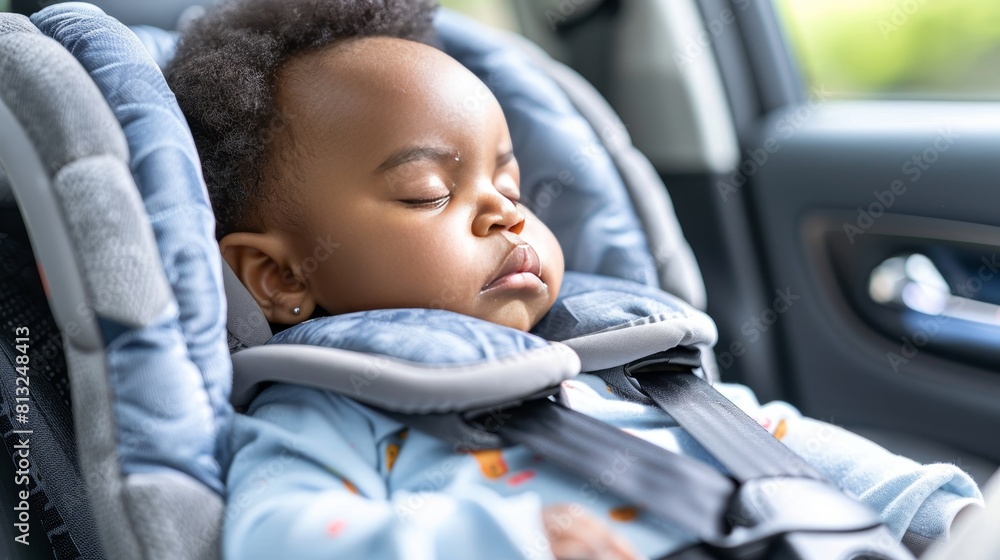 Tranquil baby peacefully napping in secure car safety seat for a safe and peaceful slumber Tranquil baby peacefully napping in secure car safety seat for a safe and peaceful slumber