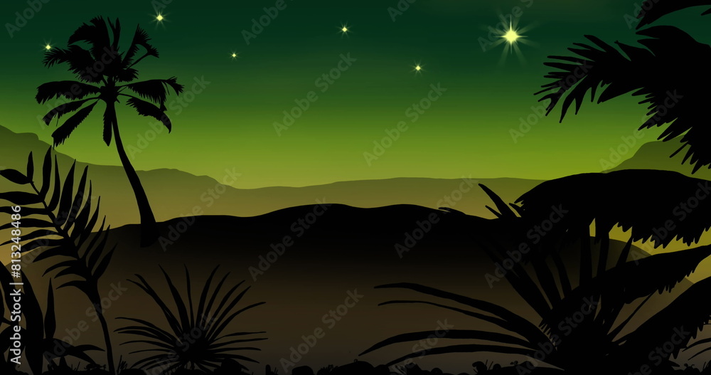 Naklejka premium Image of palm trees and plants, silhouetting against starry sky