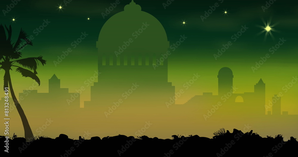 Fototapeta premium Image of silhouetted cityscape showcasing dome structures and palm trees