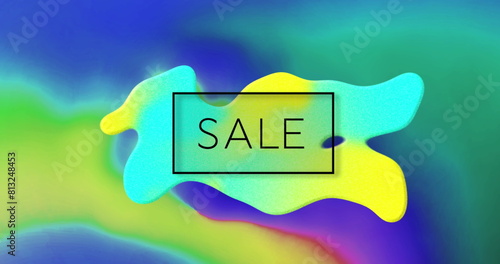 Fotografija Image of sale text in black over yellow and blue globule over green and blue smo