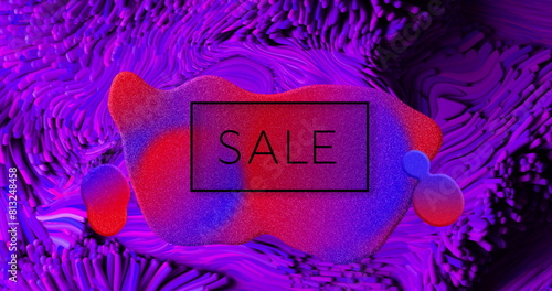 Image of sale text in black over red and blue globule on purple viscous background photo