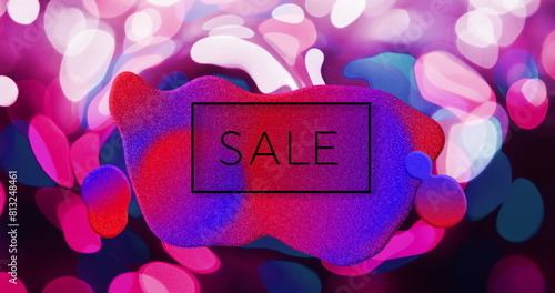 Foto Image of sale text over blue and red globule and pink and white lights on black