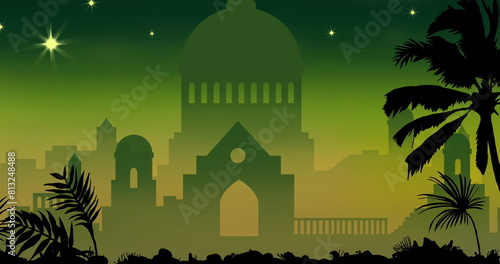 Image of silhouetted buildings and palm trees standing against green background