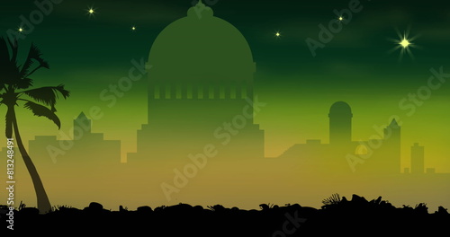 Image of silhouetted cityscape showcasing dome structures and palm trees