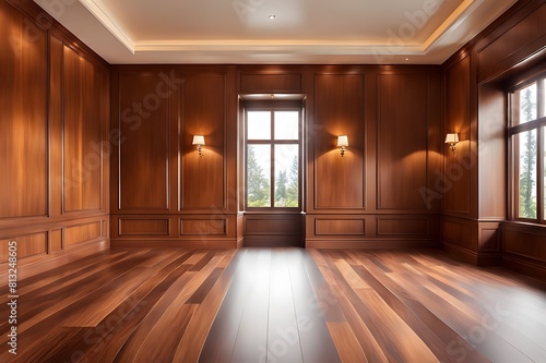 empty room with dark wood paneling and window  Luxury wood paneling background or texture. highly crafted classic or traditional wood paneling  with a frame pattern 