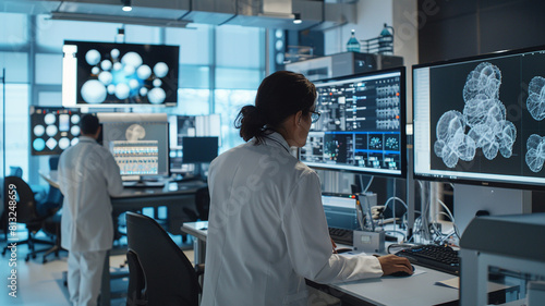  AI research facility, highlighting scientists or engineers working with advanced technology, such as neural networks, machine learning algorithms, or robotic prototypes.