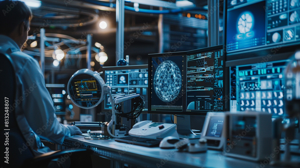 AI research facility, highlighting scientists or engineers working with advanced technology, such as neural networks, machine learning algorithms, or robotic prototypes. AI research facility, highlighting scientists or engineers working with advanced technology, such as neural networks, machine learning algorithms, or robotic prototypes.