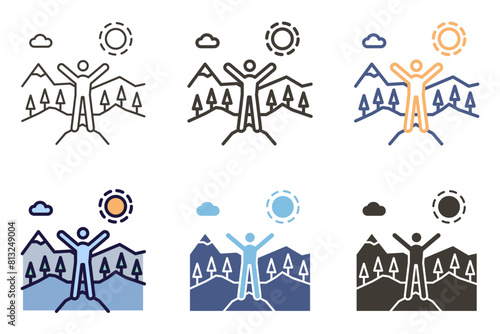 Happy person in nature Icon. Hiker wanderlust freedom in the mountains wih arms up and sun vector graphic elements