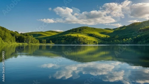 landscape with lake and mountains, seamless looping animation video background 
