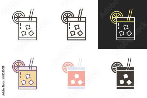 Fresh cocktail drink with orange slice, straw and ice cubes icon. Vector graphic elements