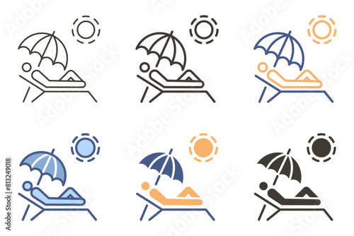 Sun tanning person relaxing in beach chair sunbathing icon. Summer holidays in beach or pool. Vector graphic elements
