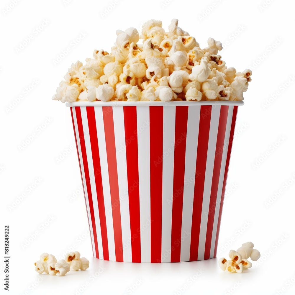 A single popcorn bucket stands pristine against a white backdrop, Ai Generated