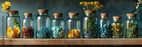 glass jars containing natural herbal ingredients  illustrating the concept of alternative medicine using natural remedies