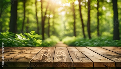 Outdoor background Wooden table. blurred nature background. Created using generative AI. #813249847