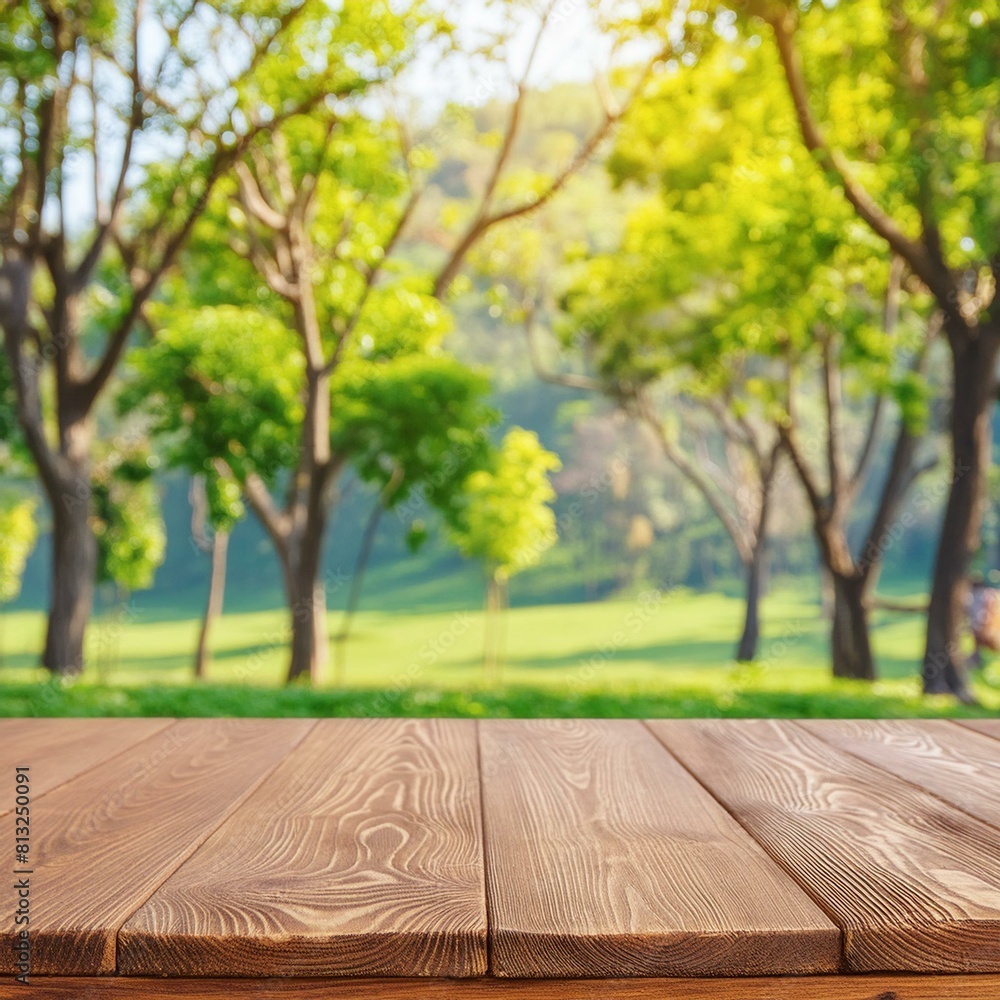 Outdoor background Wooden table. blurred nature background. Created using generative AI. Outdoor background Wooden table. blurred nature background. Created using generative AI.