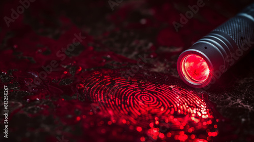 flashlight illuminating a bloody fingerprint on a dark surface, moody and dramatic lighting to highlight the print photo