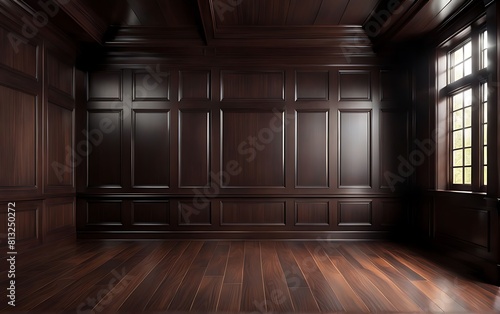 empty room with dark wood paneling and window, Luxury wood paneling background or texture. highly crafted classic or traditional wood paneling, with a frame pattern 