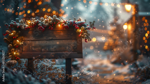 winter holiday decoration, a festive christmas mockup featuring a rustic wooden sign decorated with holly, berries, twinkling lights, and a dusting of snow, perfect for holiday greetings photo