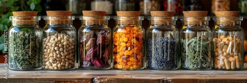 glass jars hold ingredients for natural herbal medicines, representing the concept of alternative remedies in natural medicine