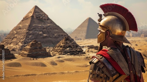 Roman soldier from behind observing the pyramids of Giza in Egypt during the day in high resolution and quality