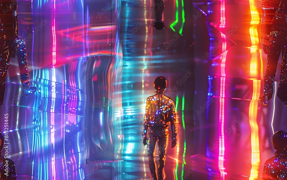 Capture a sleek, metallic spacesuit adorned with constellation patterns under cosmic runway lights Showcase the model strutting confidently on a holographic catwalk Capture a sleek, metallic spacesuit adorned with constellation patterns under cosmic runway lights Showcase the model strutting confidently on a holographic catwalk