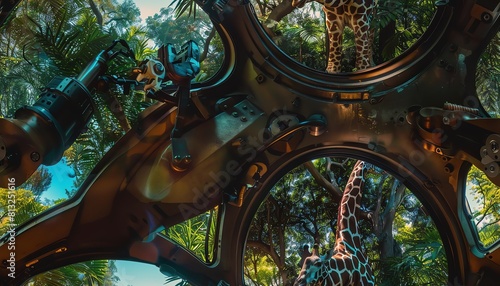 Capture the grace of a robotic arm feeding a giraffe through a fisheye lens Bring vitality to metallic veins in the lush greenery