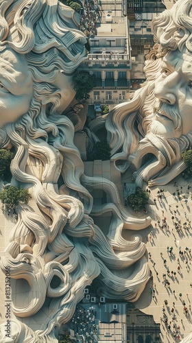 Explore the clash of ancient gods and contemporary city life through an aerial lens capturing a colossal sculpture of Poseidon emerging from a bustling street mural