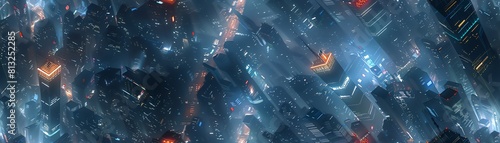 Immerse viewers in a futuristic metropolis with towering  sleek skyscrapers shrouded in shadows using a tilted angle view  blending gritty cyberpunk aesthetics with CG 3D mastery
