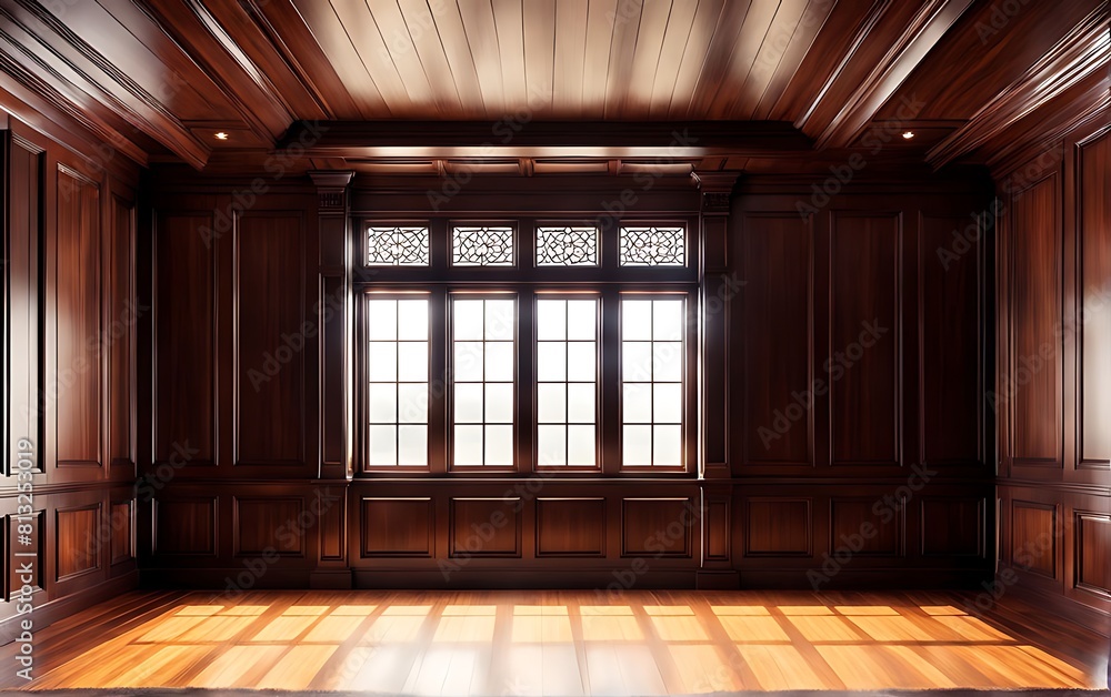 empty room with dark wood paneling and window, Luxury wood paneling background or texture. highly crafted classic or traditional wood paneling, with a frame pattern empty room with dark wood paneling and window, Luxury wood paneling background or texture. highly crafted classic or traditional wood paneling, with a frame pattern
