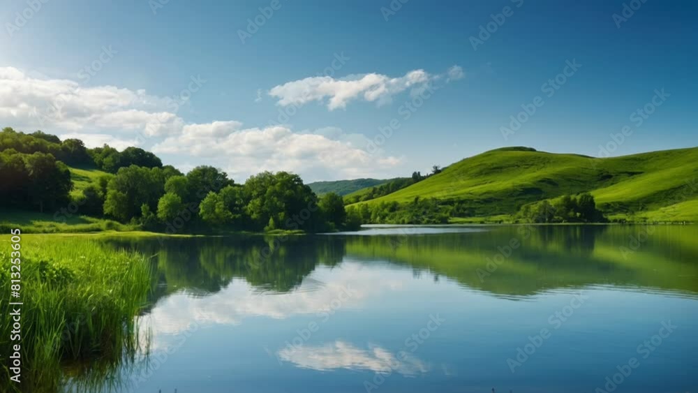 landscape with lake and trees, seamless looping animation video background landscape with lake and trees, seamless looping animation video background
