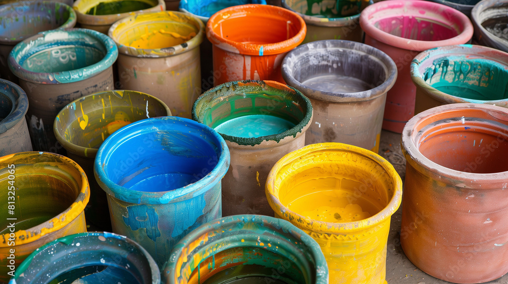 Group of Colorful Paint Buckets on Table Group of Colorful Paint Buckets on Table