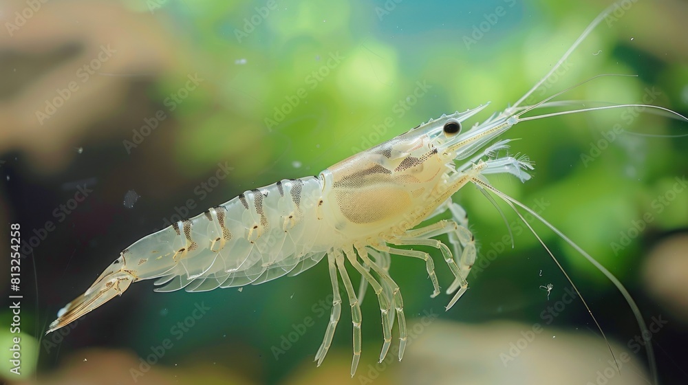 A small white shrimp is swimming in a tank A small white shrimp is swimming in a tank