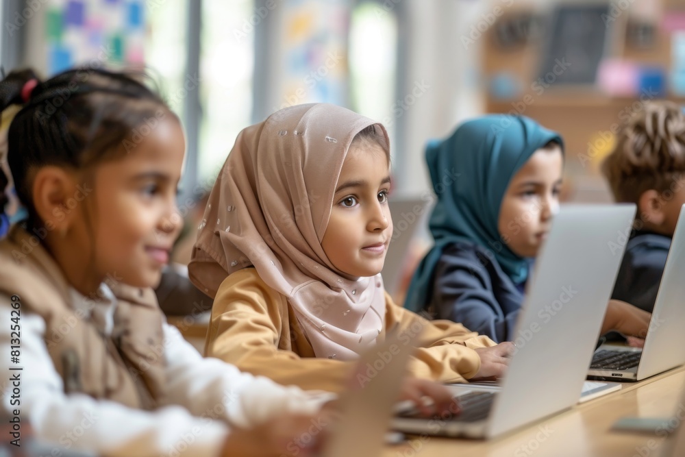 Multiethnic group of children using computers in a classroom. Multiethnic group of children using computers in a classroom.