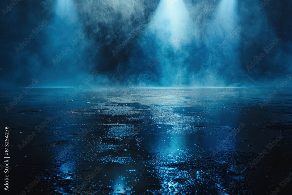 Dark street, wet asphalt, reflections of rays in the water. Abstract dark blue background, smoke, smog. Empty dark scene, neon light, spotlights. Concrete floor - generative ai