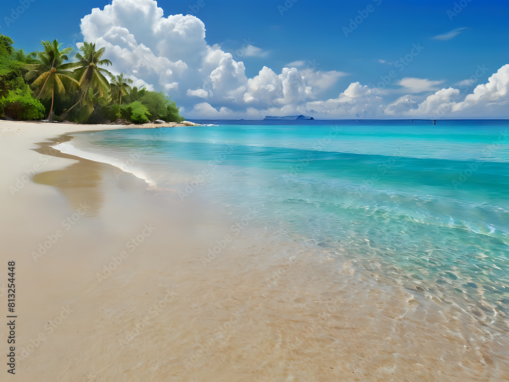 View of the beach with beautiful white sand against a blue sky background View of the beach with beautiful white sand against a blue sky background