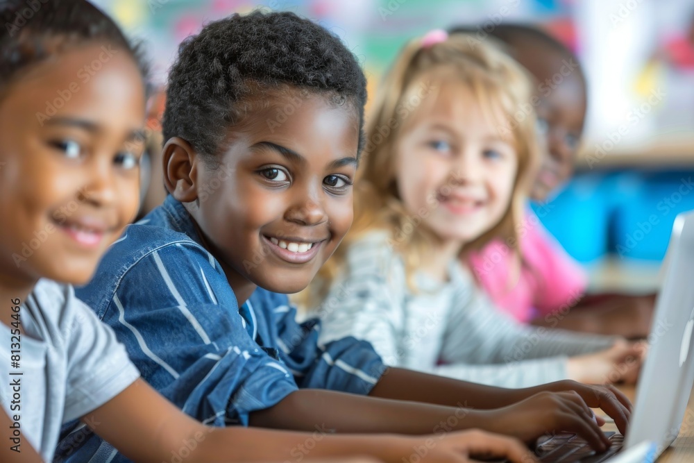 Multiethnic group of children using computers in a classroom. Multiethnic group of children using computers in a classroom.