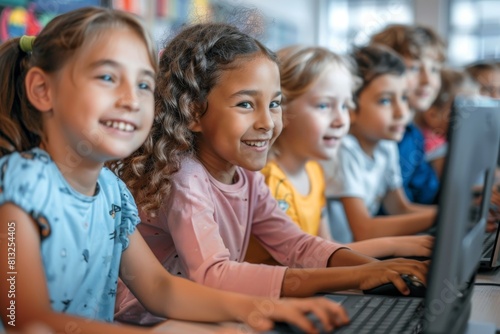 Multiethnic group of children using computers in a classroom.