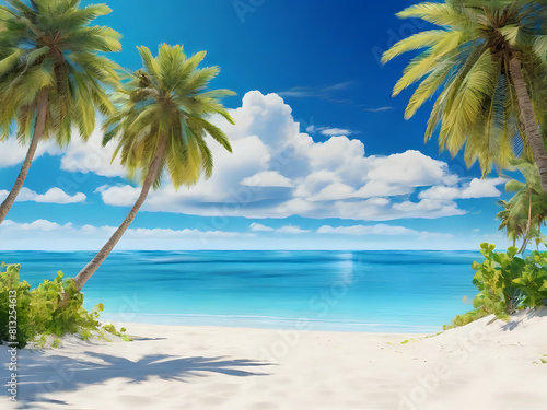 View of the beach with beautiful white sand against a blue sky background