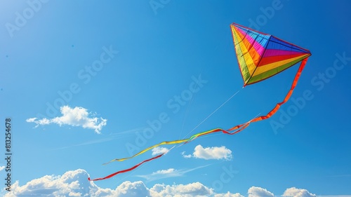 Colorful kite flying against blue sky with clouds photo