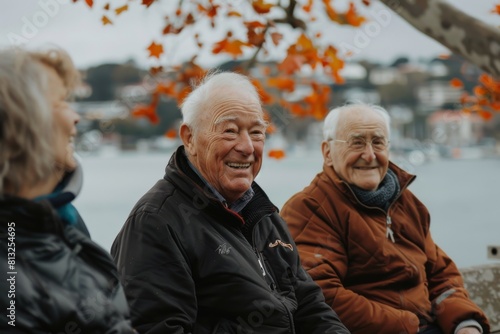 Elderly couple sitting on bench in autumn park and smiling.