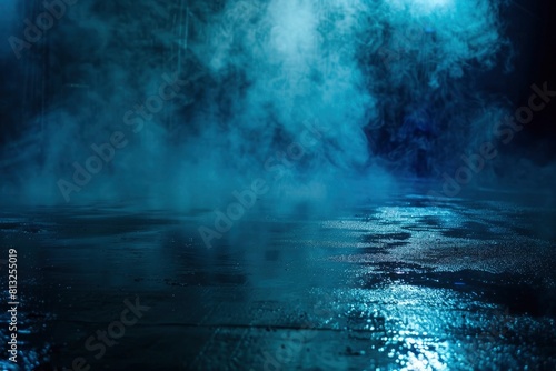 Dark street  wet asphalt  reflections of rays in the water. Abstract dark blue background  smoke  smog. Empty dark scene  neon light  spotlights. Concrete floor - generative ai