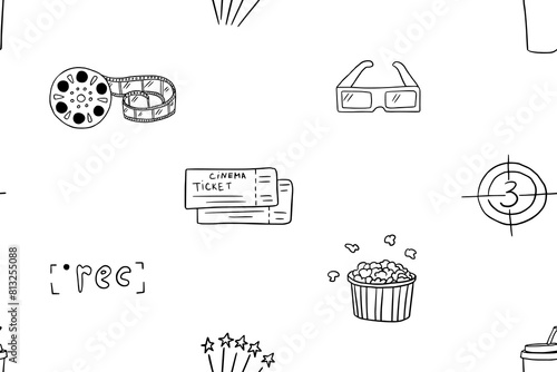 Cute seamless pattern of film strips, popcorn, cinema flapper, director's chair, cinema tape, 3D glasses, cinema ticket in doodle style. Vector illustration. Hand drawn