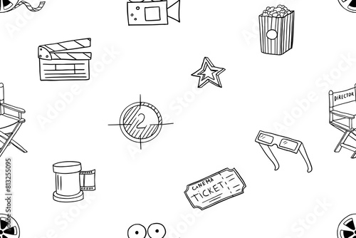 Seamless pattern of film strips, popcorn, cinema flapper, director's chair, cinema tape, 3D glasses, cinema ticket in doodle style. Vector illustration. Hand drawn