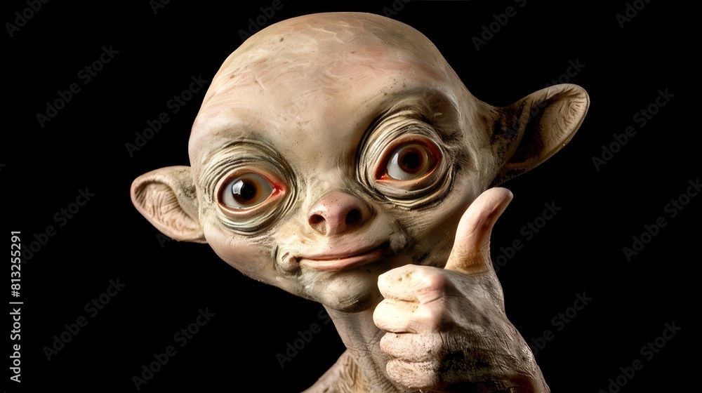 Alien humanoid portrait Extraterrestrial figure against dark backdrop gives thumbs up gesture, Ai Generated Alien humanoid portrait Extraterrestrial figure against dark backdrop gives thumbs up gesture, Ai Generated