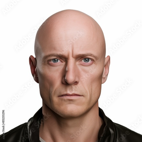 Closeup of a bald mans head isolated on a white background, Ai Generated