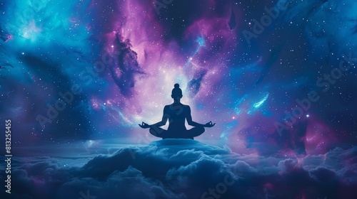 Astral body silhouette meditates in lotus pose against cosmic backdrop, Ai Generated © Nattakun