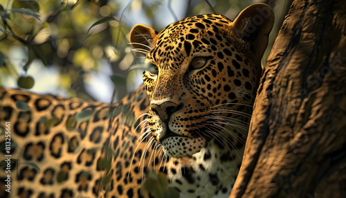 A leopard can't change its spots: Picture a leopard standing next to a tree with its distinctive spots, suggesting that one's fundamental nature or character remains unchanged photo