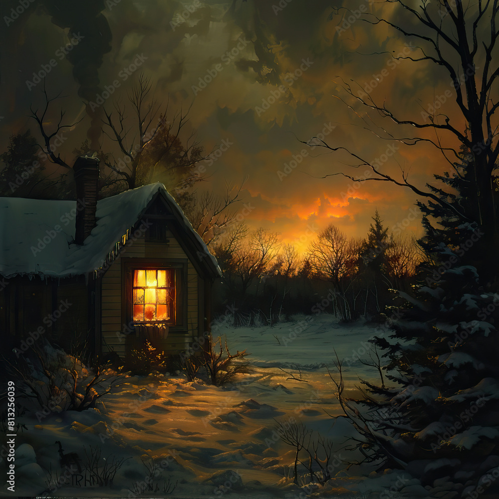 There's no place like home: An image of a cozy home with a warm light glowing from the window, contrasting with a cold and unfamiliar outdoor scene. There's no place like home: An image of a cozy home with a warm light glowing from the window, contrasting with a cold and unfamiliar outdoor scene.