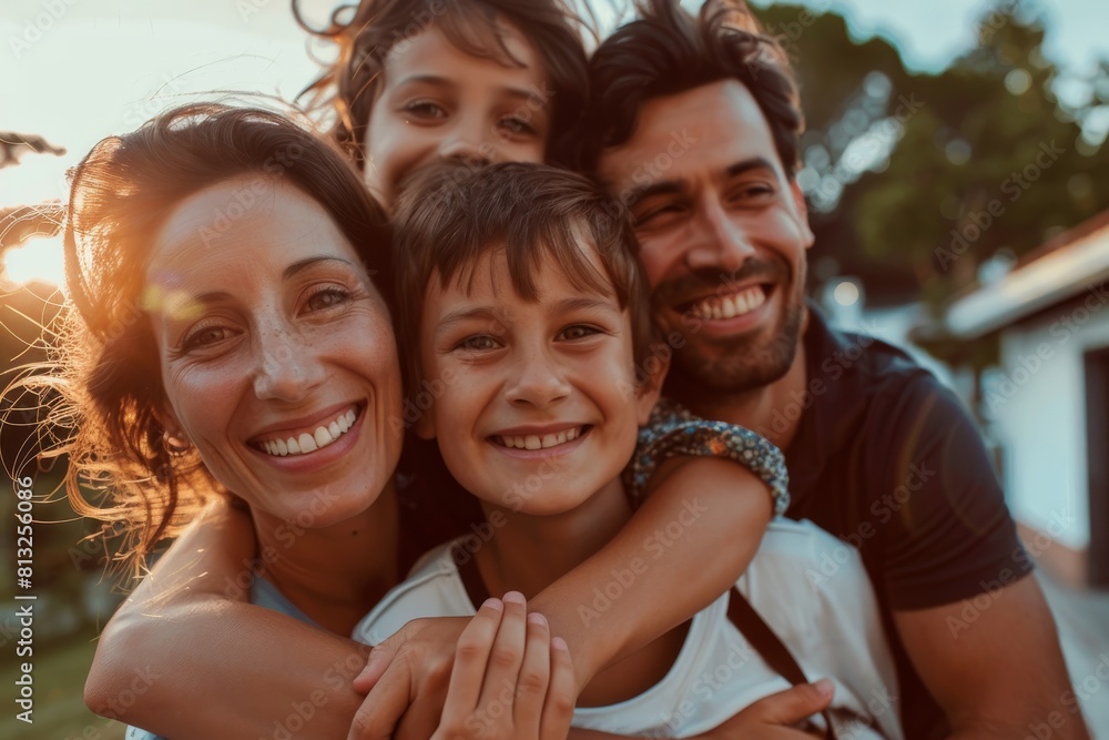 Happy family outdoors at sunset.