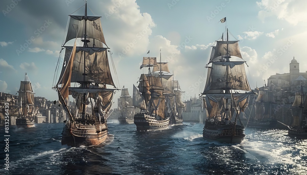 Imagine a scene from the age of exploration with multiple ships setting sail from a European port, embarking on a perilous ocean journey Imagine a scene from the age of exploration with multiple ships setting sail from a European port, embarking on a perilous ocean journey
